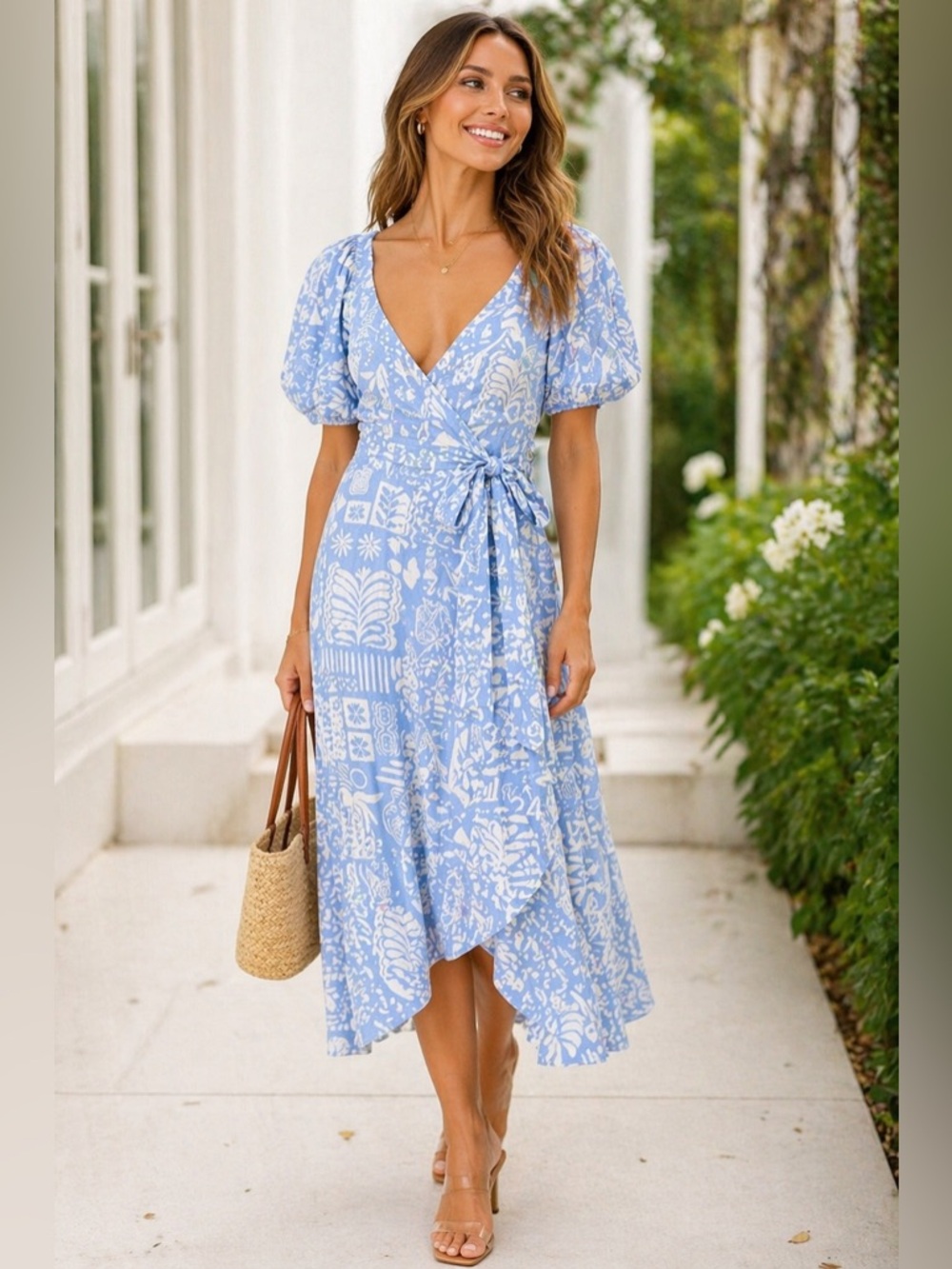 NWT Shore Winnie Wrap Midi Dress Caribbean Light Blue White Print Size M